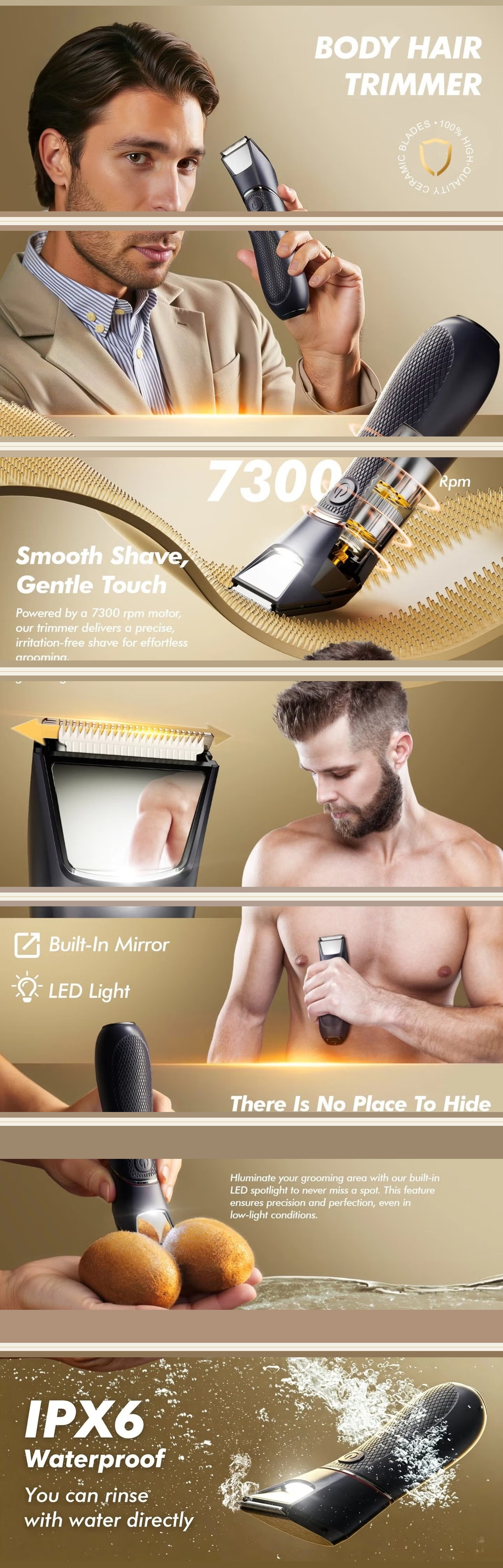 YULEE body hair trimmer — product story in seven panels